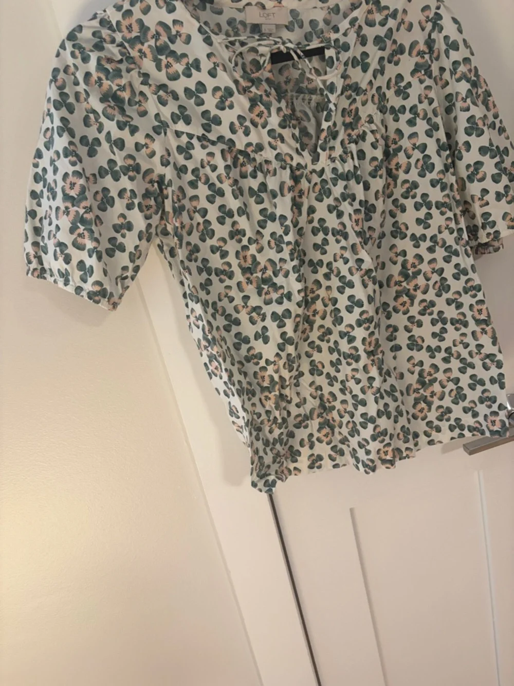 ⭐️LOFT Cream Blouse with Green and Tan Floral Print and Tie Neck